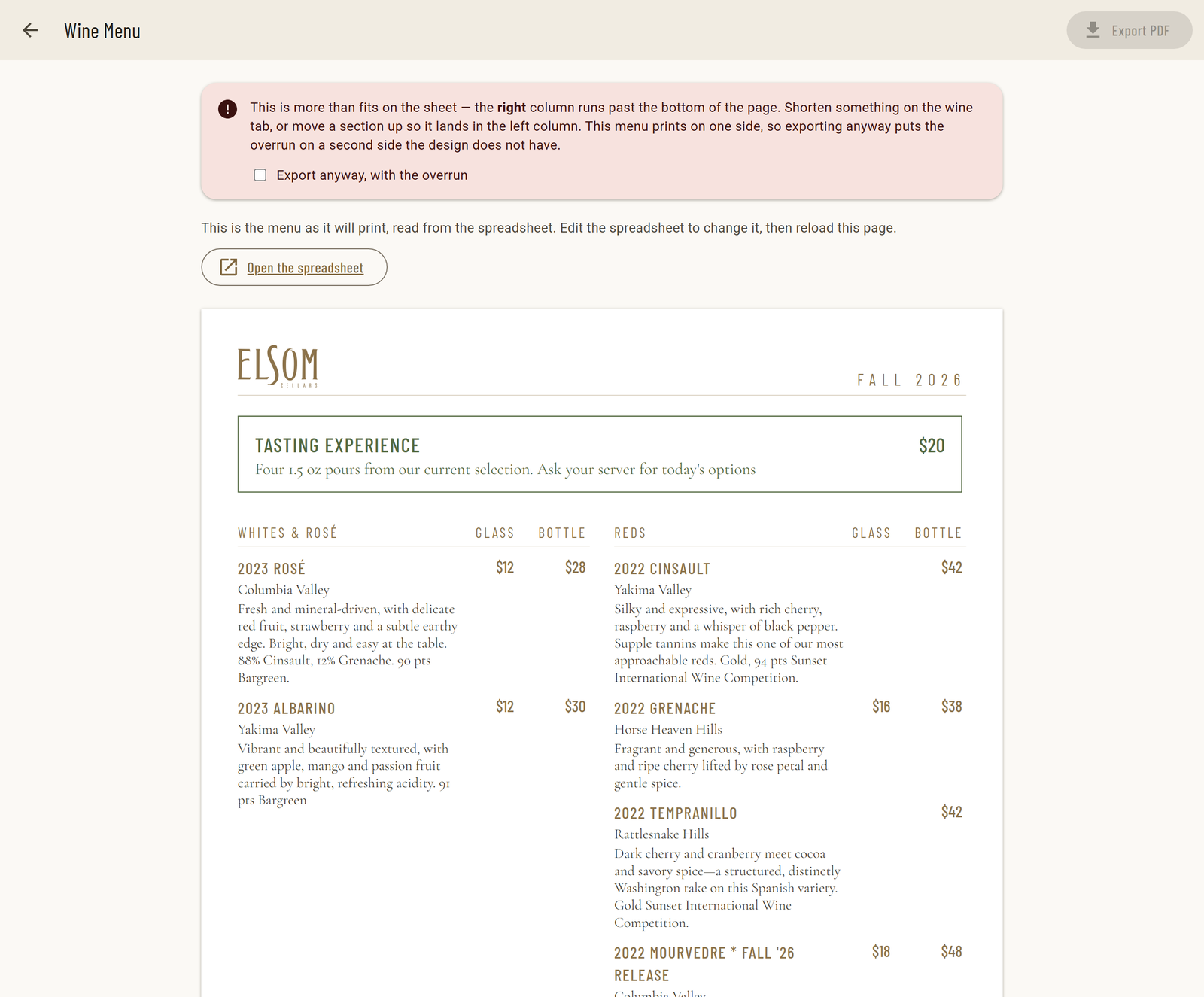 Wine menu page with a warning that the right column runs past the bottom of the page, export disabled, and an Export anyway checkbox