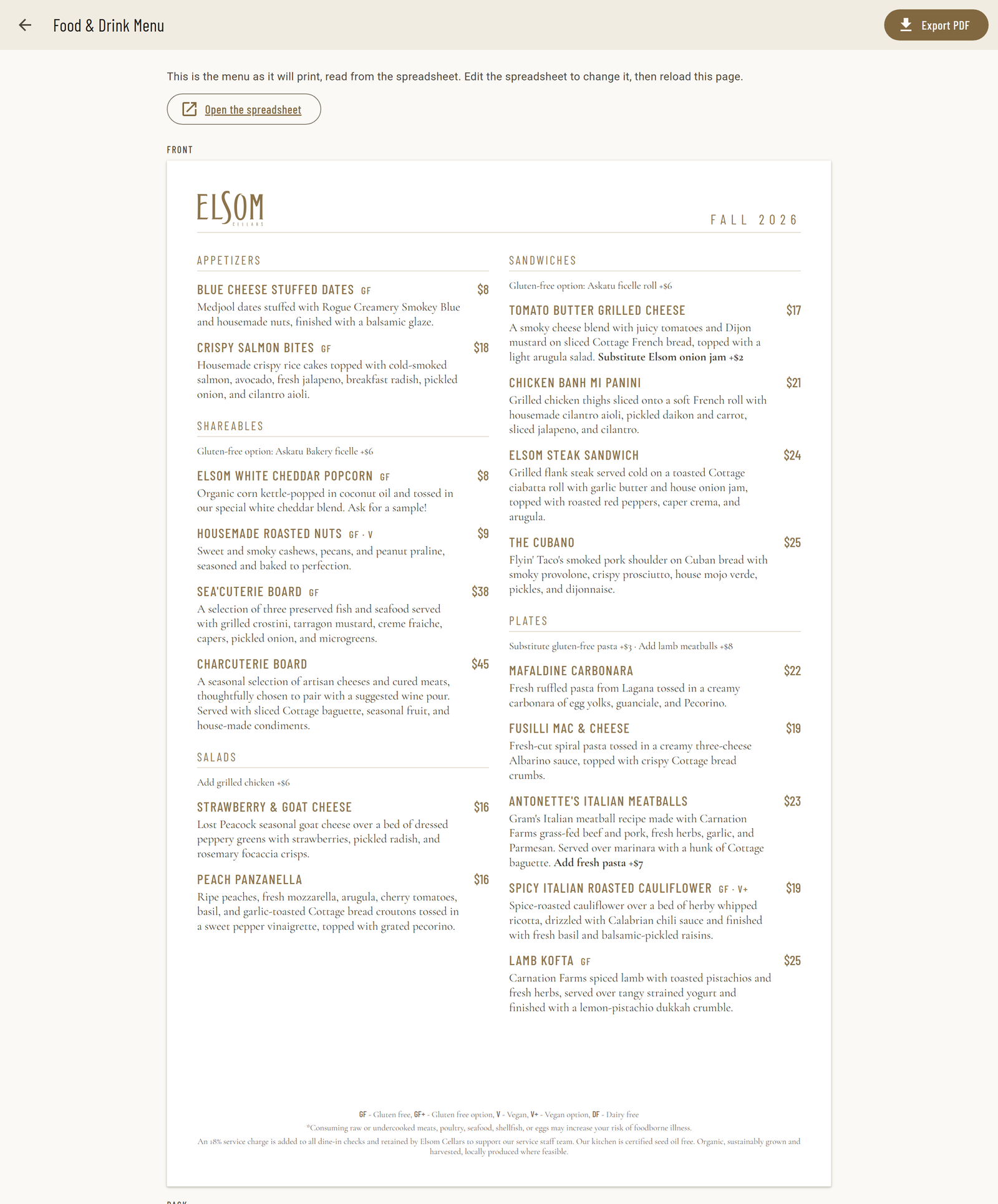 Food menu page showing the front side preview, an Open the spreadsheet button, and Export PDF
